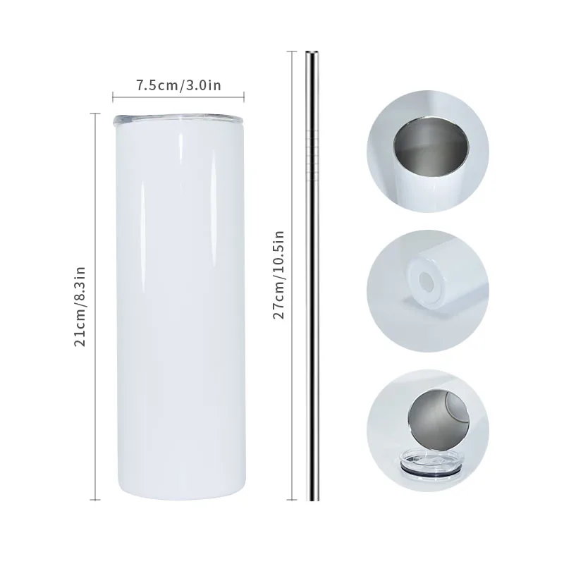 USA Wholesale 15 oz 20oz 30 oz Stainless Steel Insulated Vacuum Coffee Mug Double Wall Sublimation Blank Straight Skinny Tumbler