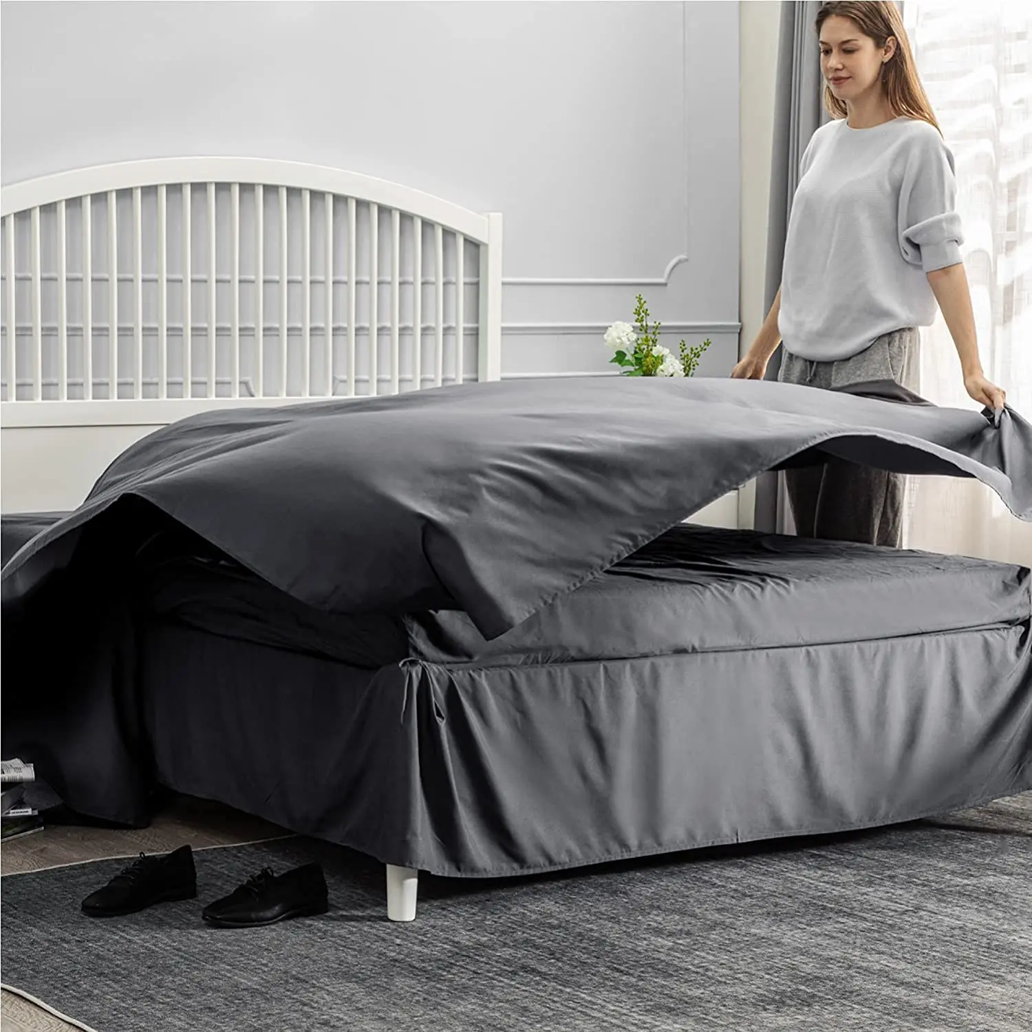 Dark Grey  Bedding Comforter Sets 8 Pieces Pintuck Bed Comforters, Duvet quilt Sheets, Pillowcases & Shams