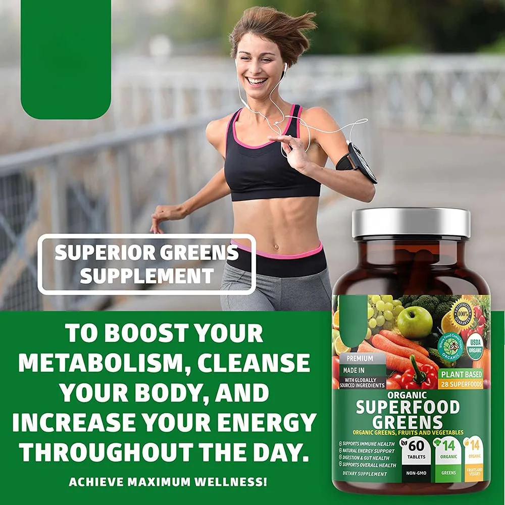 2024 Vegan Boost Energy Immunity and Gut Health Organic Superfood Greens Tablets Beet Root and Ginger Pills