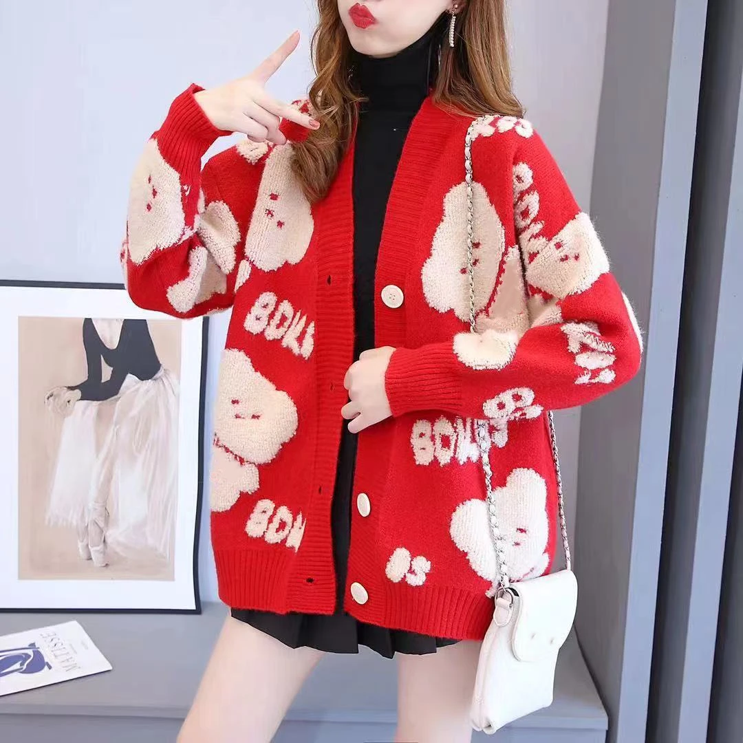 2023 Custom Women  Jacquard Sweater knitwear Girls knit winter long Sleeve ladies clothes Knitted Cardigan sweater women