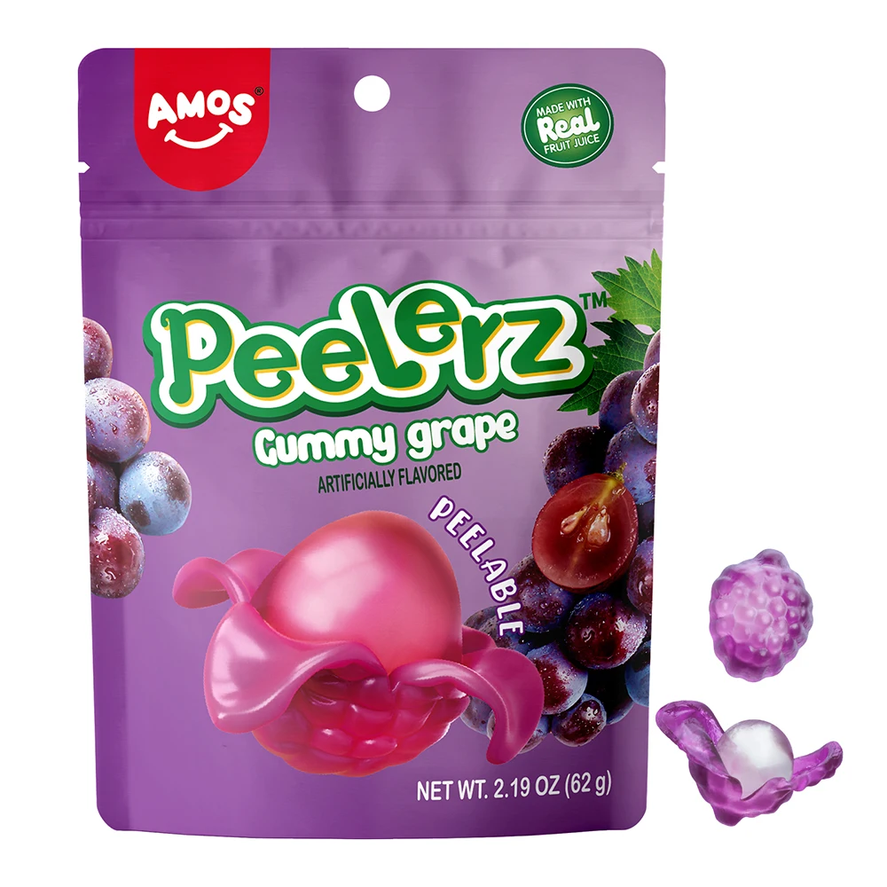 Amos Good Tasty Gummy Candy Sweets Halal Jelly Grape Peelable Real Fruit Juice Gummies