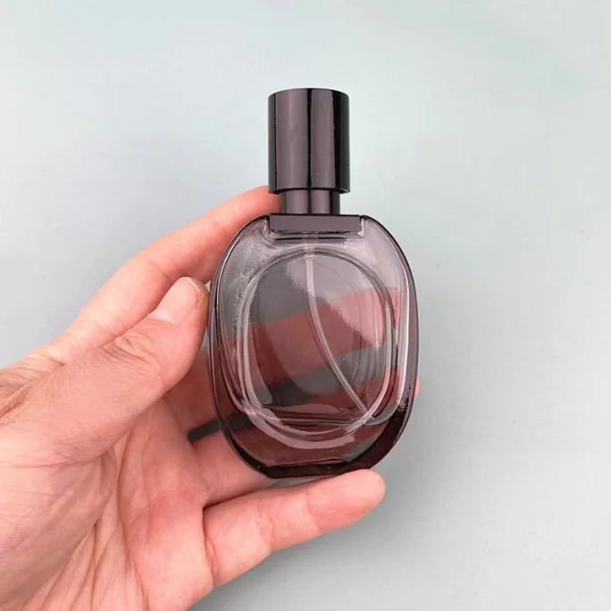 luxury Customized Stick label clear perfume spray bottle clear frosted black 30ml empty flat oval glass perfume spray bottle