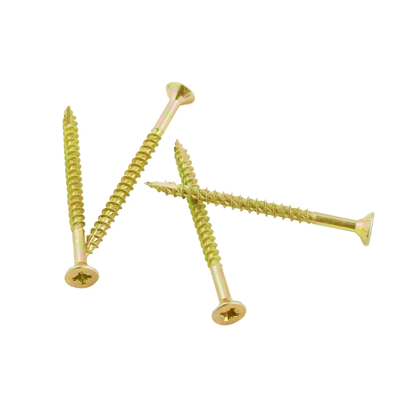 Yellow zinc plated Spax decking turbo screws with pozi-3 drive double CSK head and serration thread