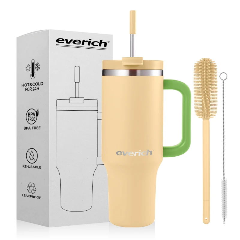 Everich 40oz тумблер ODM с двойной стенкой теплоизолированный 304 стакан из нержавеющей стали ручкой и соломой