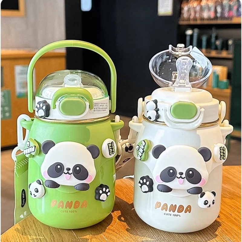 Md273 School Drinking Pot New Panda Straw Vacuum Adjustable Strap Belly Insulation Cup For Kids