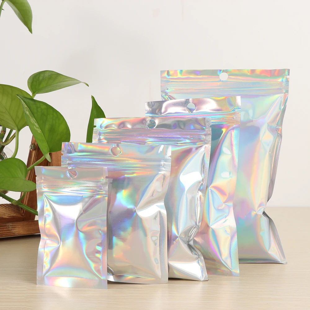 
Aluminum Foil Hologram Food Pouch Small Water Proof Zipper Reclosable Pouches 