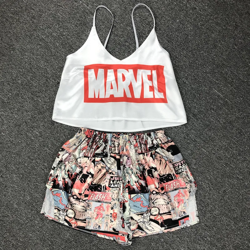 
Sexy satin cloth cartoon print sling ice silk pajamas two-piece sleepwear women 