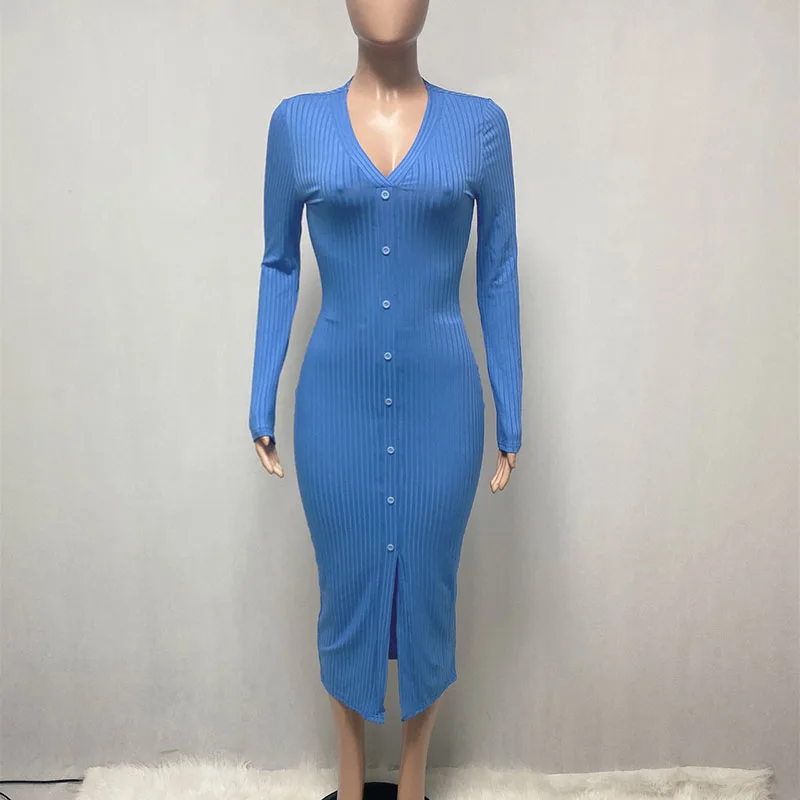 Amazon Hot Sale Autumn Winter Sexy V Neck Rib-Knit Button Trim Front Split Bodycon Midi Dress For Women