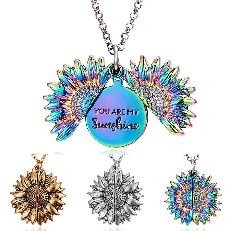 Engraved Pendant Open Locket You are My Sunshine Sunflower Necklace