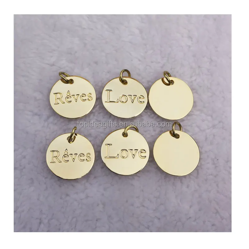 Solid 10mm Circle Shape Metal Jewelry Bracelet Tags With Logo Engraved Real Gold Discs