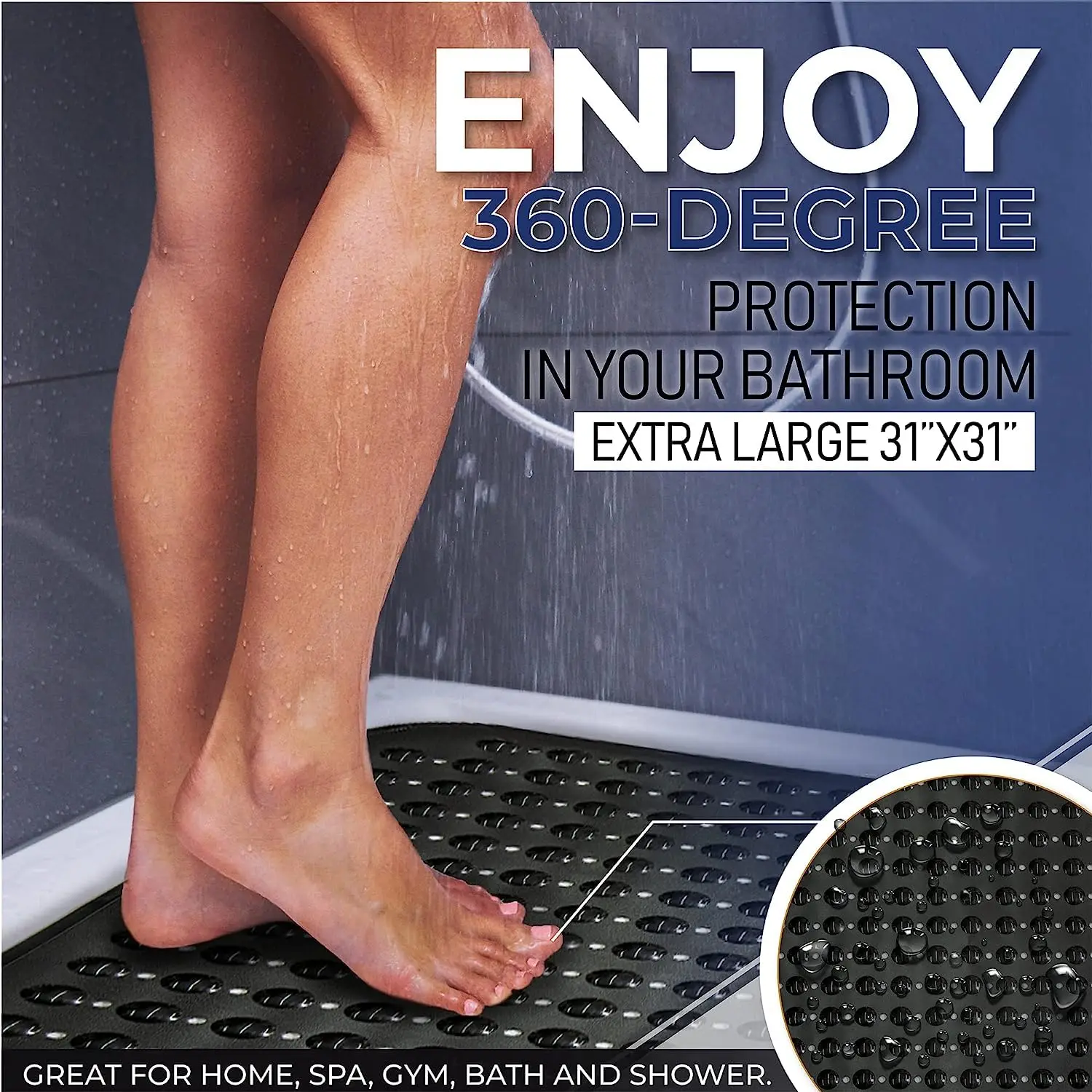 Large Square Non Slip Shower Mat Square Shower Mats for Shower Stall Floors Secure Suction Cups and Drain Holes
