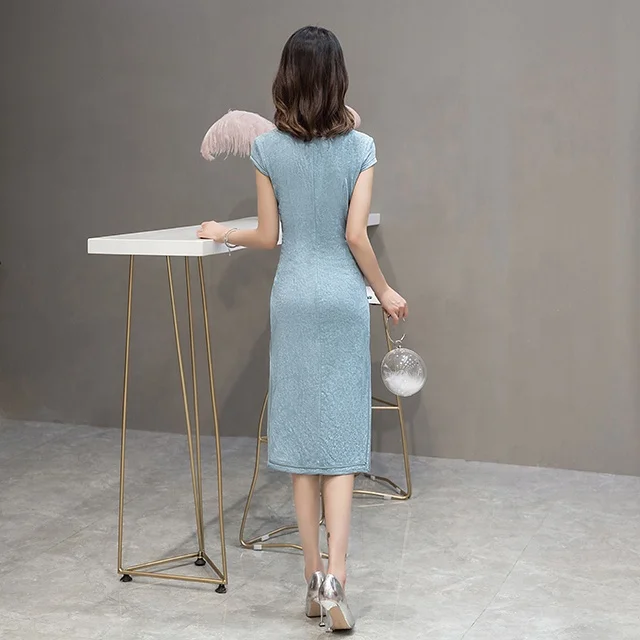 Платье-Ципао в китайском стиле, Элегантный Приталенный Сарафан до колен, с коротким рукавом, хлопковое вечернее, для женщин