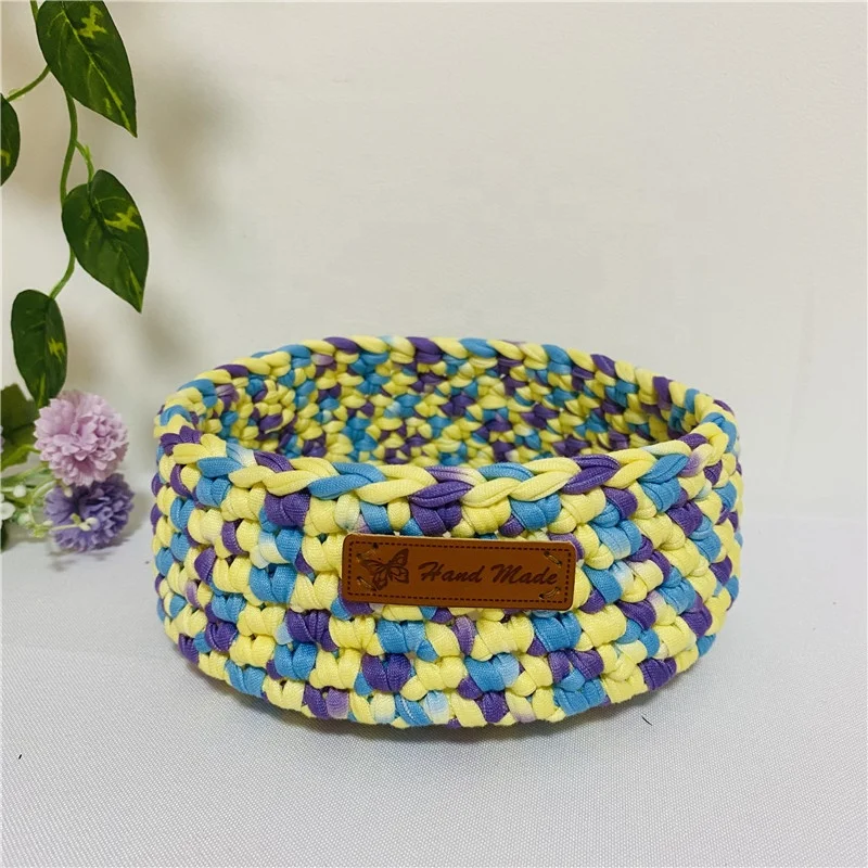 Crochet Patterns Cloth rope Woven Storage basket with PU leather bottom small goods storage organizers