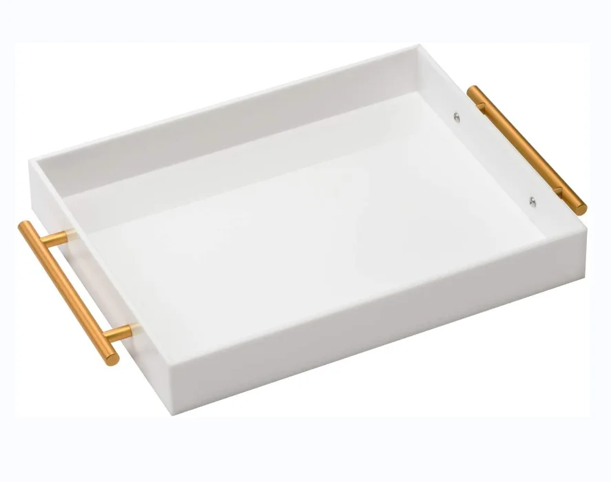 Белый акриловый сервировочный поднос с золотыми ручками для отеля или ресторана
