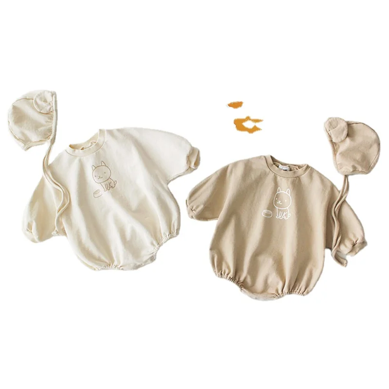 
Newborn spring and autumn baby boys and girls baby cute puppy pattern long sleeve romper hat two-piece 