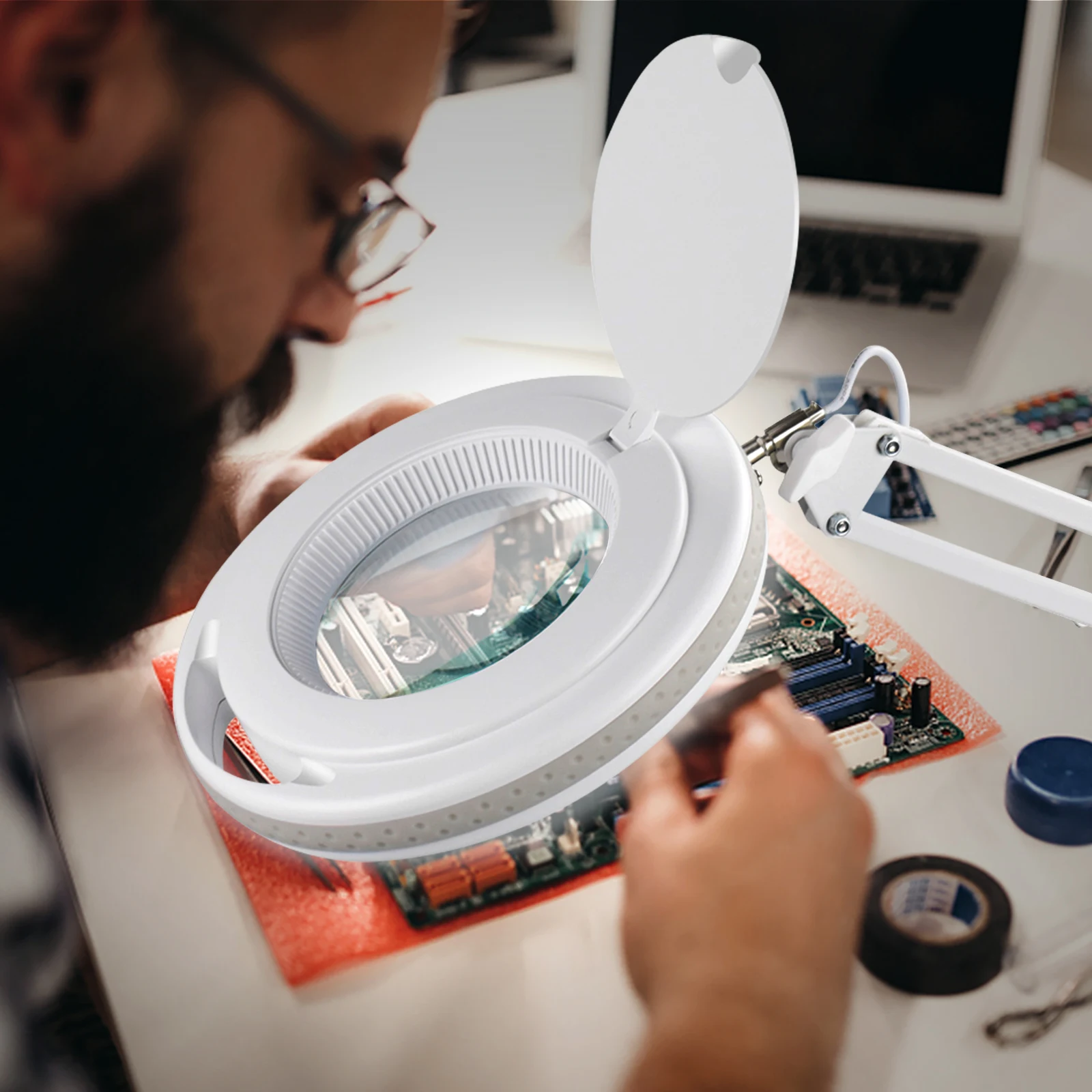 USB Magnifying Glass Table Lamp 3 Color Adjustable Lights for Reading Crafts Hobby Soldering Lamps 5X Magnifier with Cover