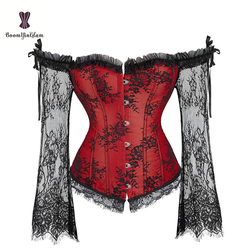 6 Row Busk Embroidered Floral Boned Bustier Overbust Lace Up Bodice Lingerie Red Corset Tops For Women With Sleeves Plus Size