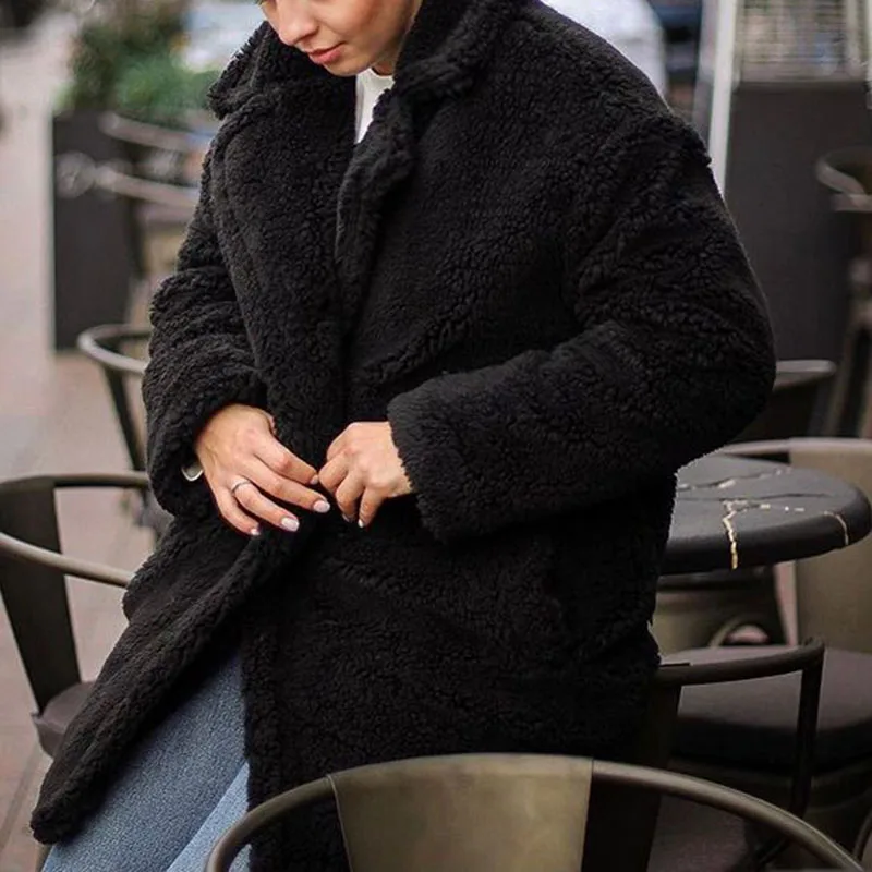 Winter Faux Lamb Fur Coats Women Elegant Side Pockets Mid Length Jackets Women Loose Double Breasted Coats Ladies