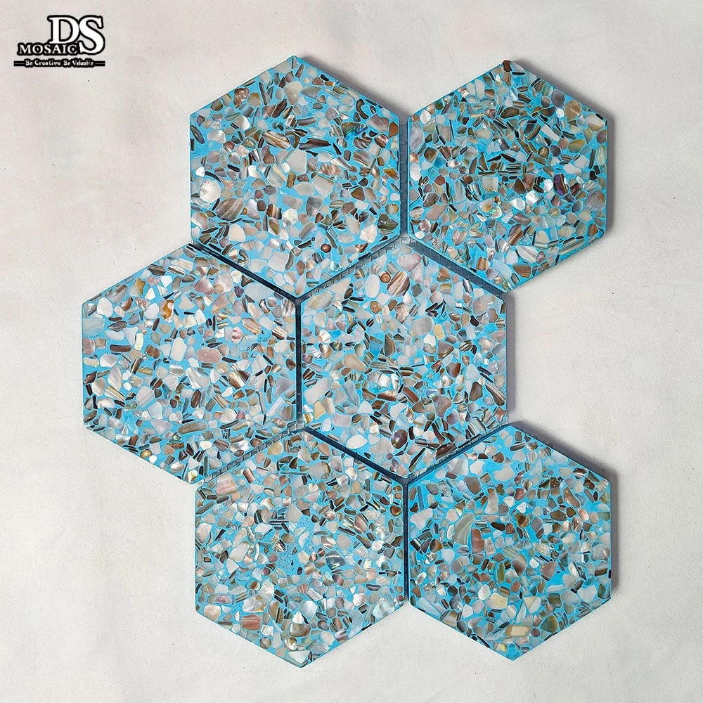 Polished Blue Hexagon Shape Natural Mother of Pearl Shell Tile Waterjet Cut Parquet Mosaic for Interior Backsplash Kitchen Ti