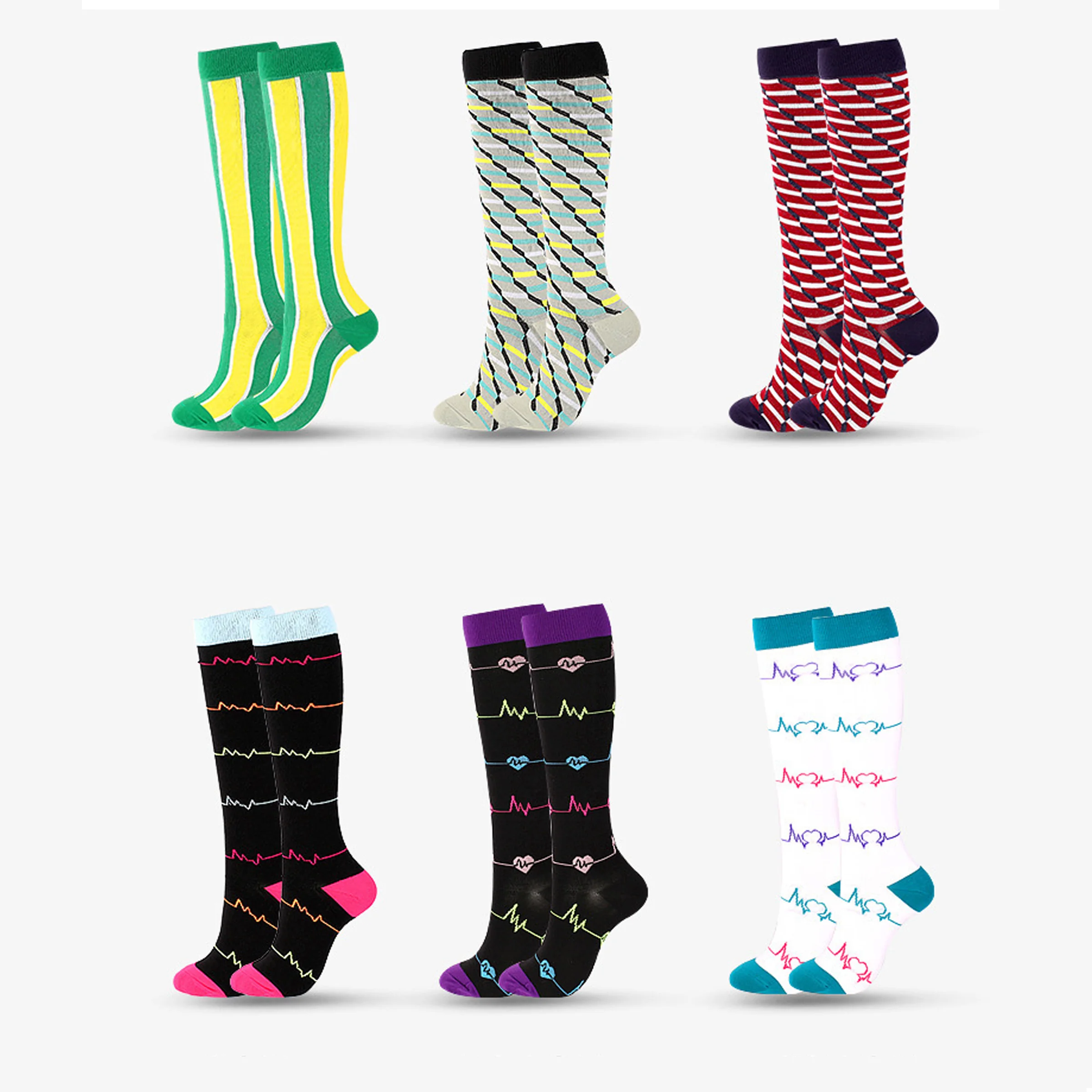 Wholesale Unisex 20-30mmhg Knee High Compression Socks Running Cycling Nurse Football Sport Colorful Stripe Dot Happy Socks