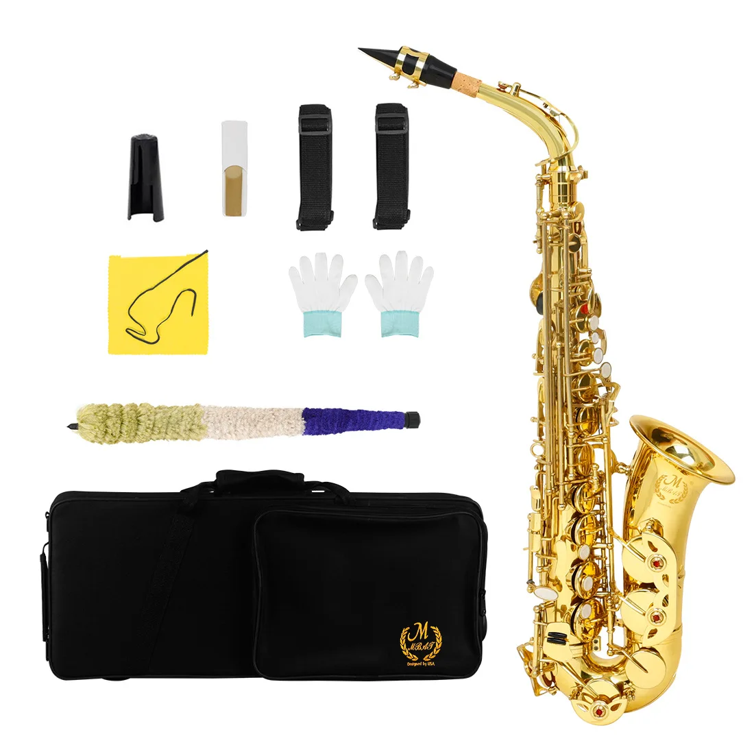 M MBAT Gold Alto Saxophone Student Alto Saxophone E Flat Beginner Saxophone Complete Set with Case Mouthpiece Strap Reed Parts