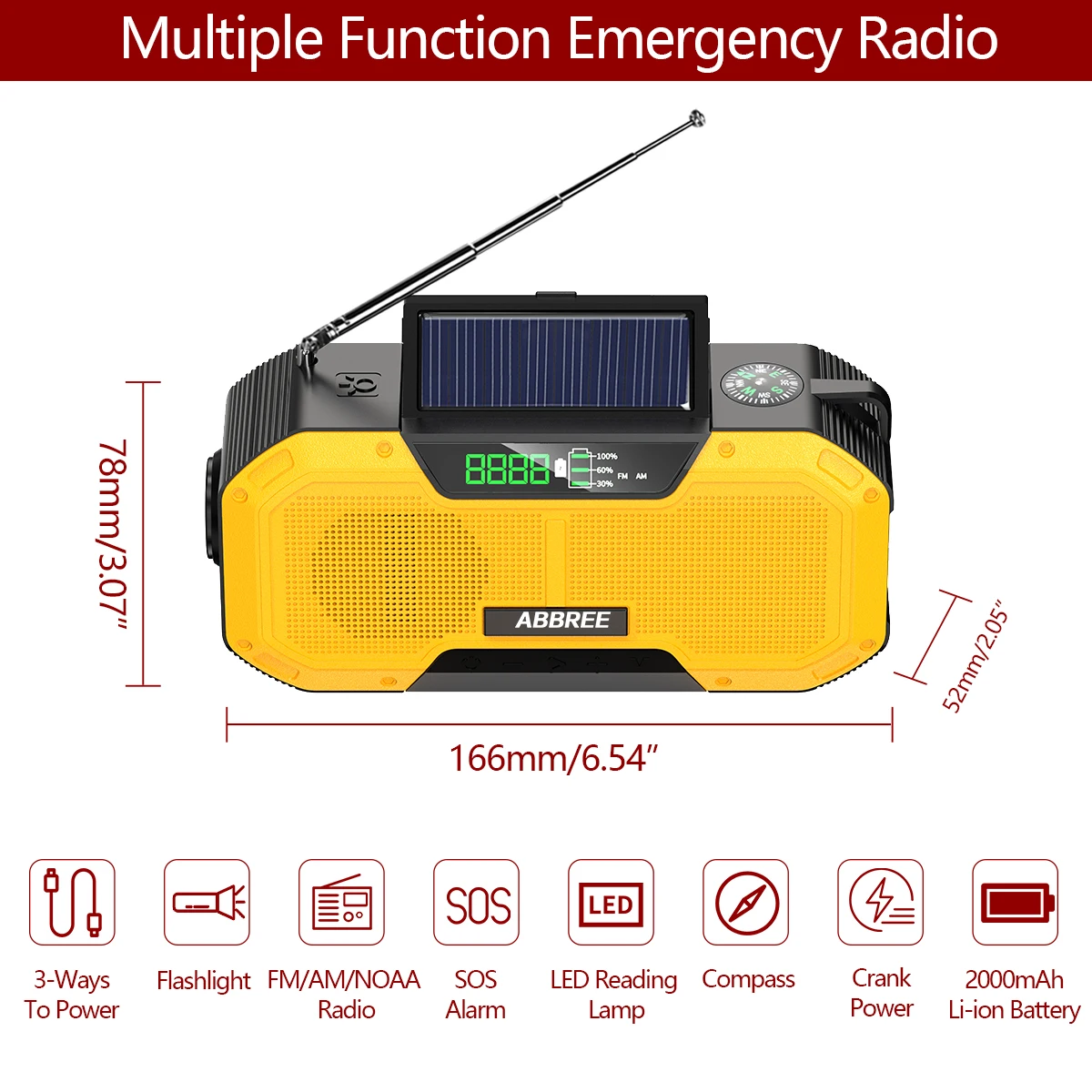 ABBREE Emergency Radio IPX5 Waterproof Auto Scan Solar Portable Radio with LED Flashlight Reading Lamp SOS Cell Phone Charger