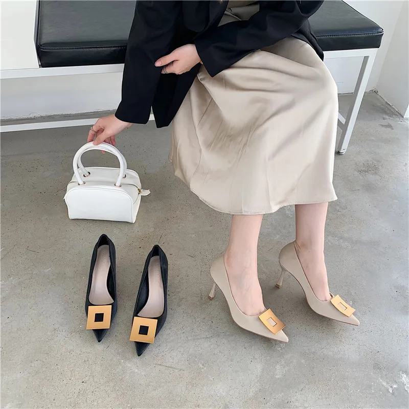 35-39# 2022 Spring New Arrivals luxury designer high heel shoes Office lady Metal square Pumps high quality Women Dress shoes