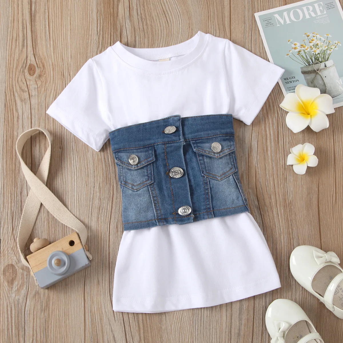 2-6Y Toddler Girls 2pcs Spring Autumn Clothes Sets Solid Dress+Buttoned Open Pockets Corset Denim Vest Outfits For Children