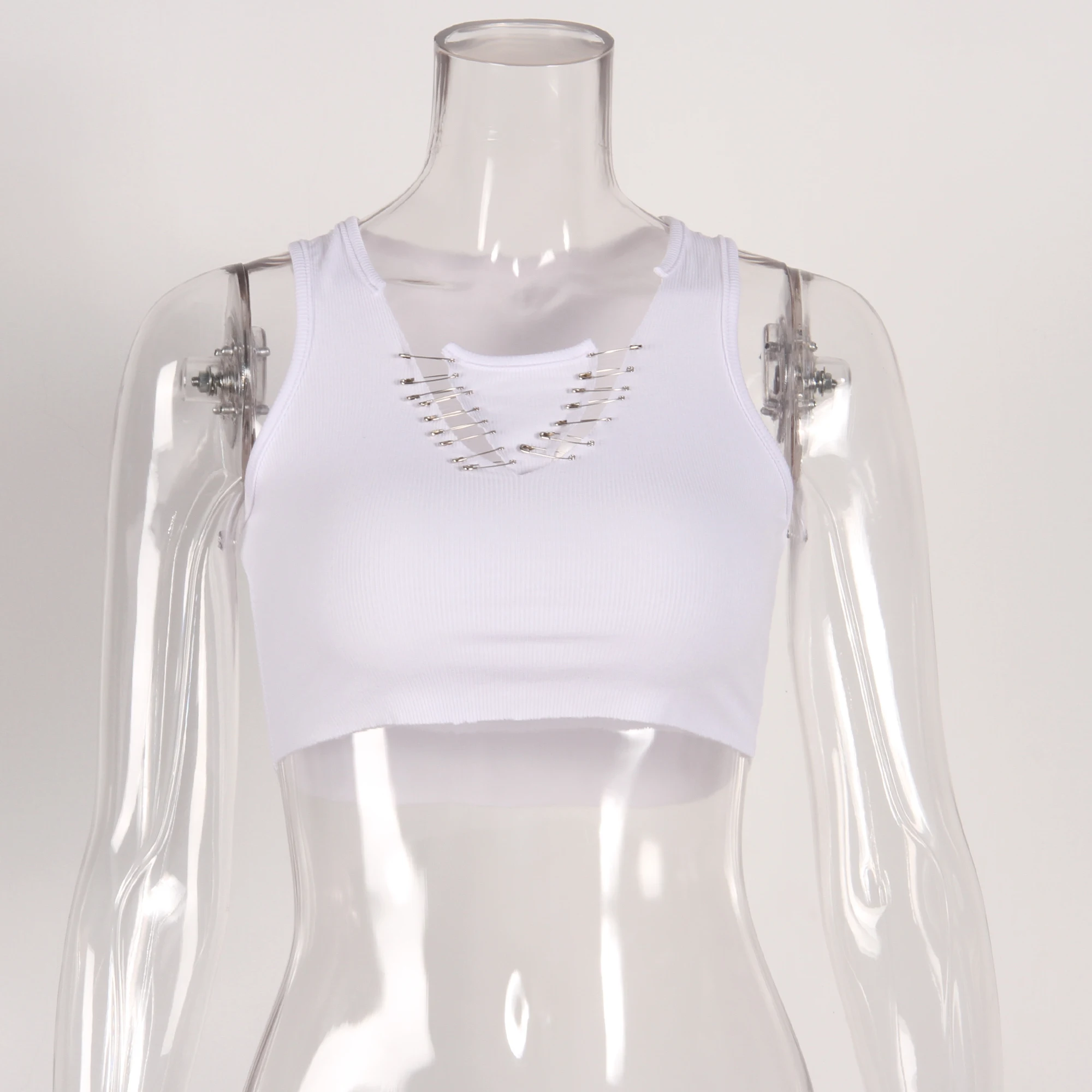 8517 майка женская одежда для фитнеса Женская однотонная ребристая укороченная белая пикантная Клубная одежда с вырезами на пуговицах модная одежда для женщин