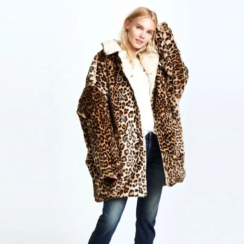 Oem wholesale hot selling winter fashion loose warm thick mink faux fur leopard animal print plus size long coat