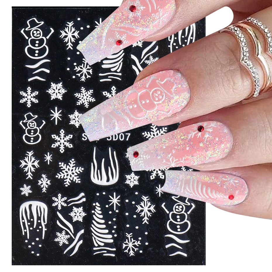5D White Snowflakes Embossed Sticker Christmas New Year Nail Art Design Winter Charms Flower Manicure Slider Decals STZ5D01-08