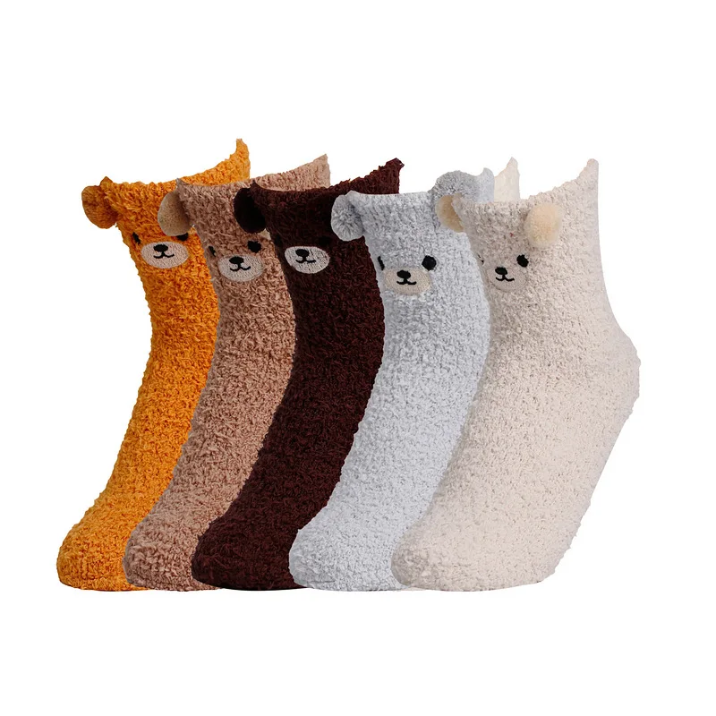 Lady Cute 3D Bear Winter Warm Floor Socks Coral Fleece Fiber Comfy for Sleeping Floor Fuzzy Socks Women