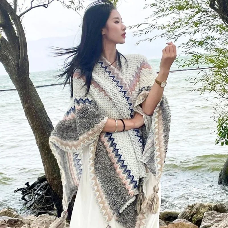 Pale scarf for lady knitted sweater indian poncho