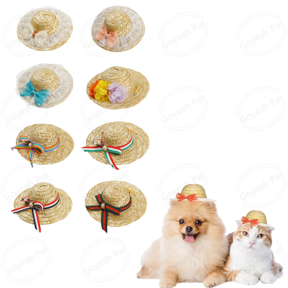 Hawaii Style Floral Cat Dog Sun Hat Adjustable Dog Straw Hat Mini Sombrero Pet Cap