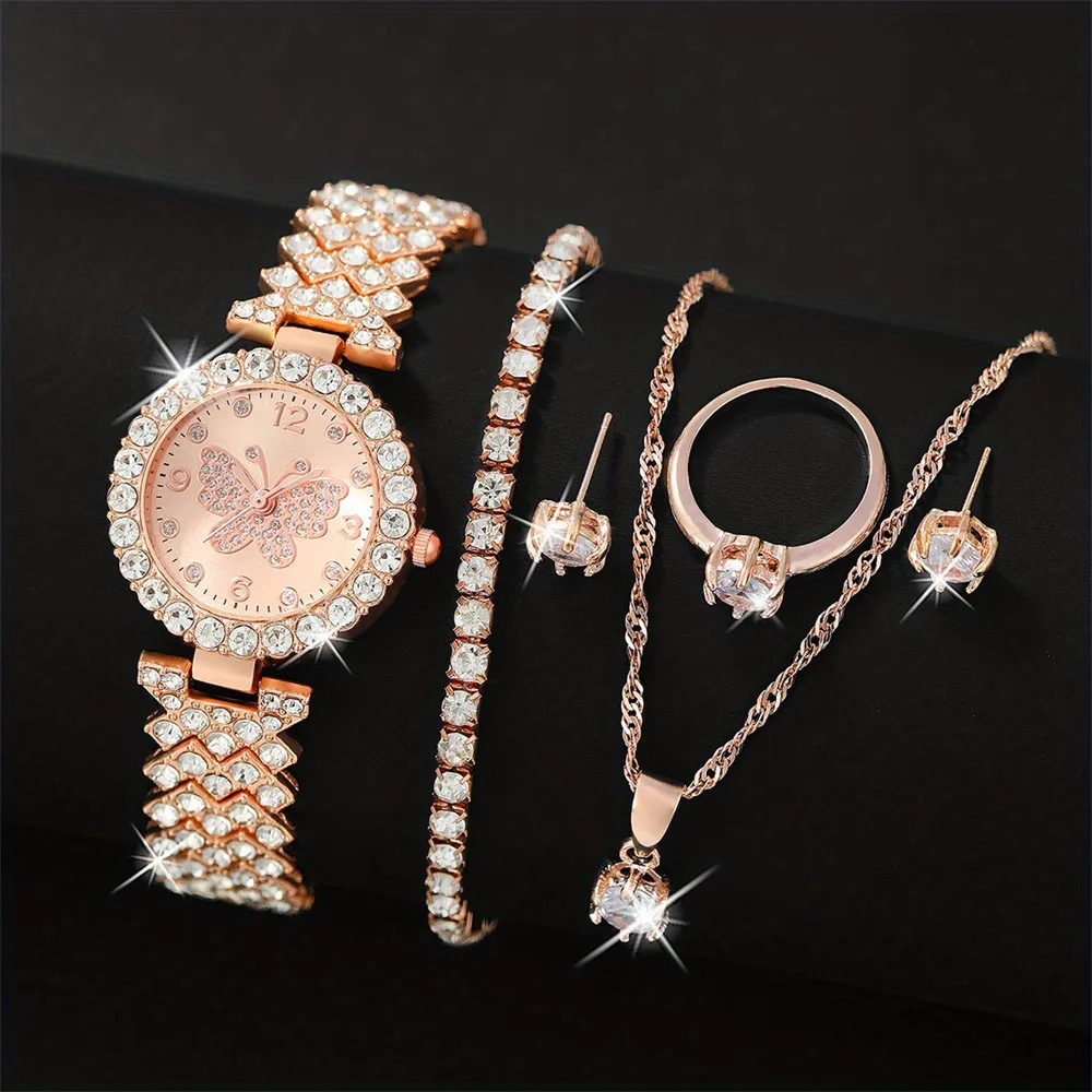 WGS-54 6pcs Jewelry Set Rose Gold Luxury Watch Women Ring Necklace Earring Rhinestone Fashion Wristwatch Casual Ladies Watches