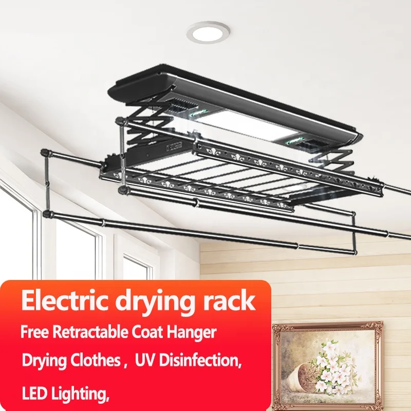 Smart Houseware Clothes Hanger Tuya Laundry Dryer Ceiling Laundry Dryer for Cloths Automatic Electric Aluminum Black Carton