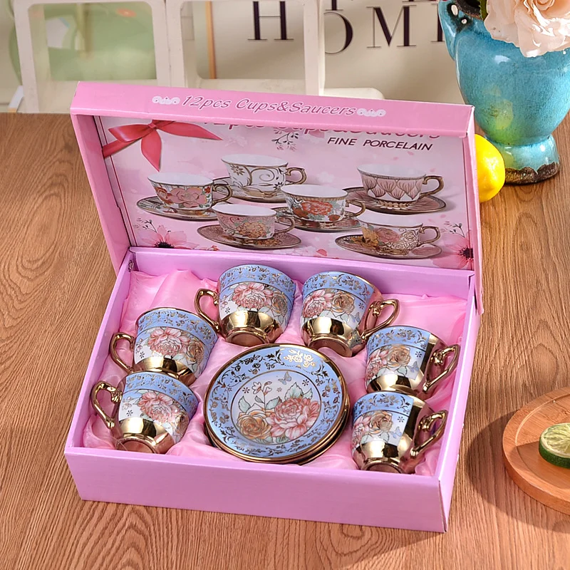Modern luxury royal floral 6 classic tea coffee mugs set cup and saucer bone china with gift box
