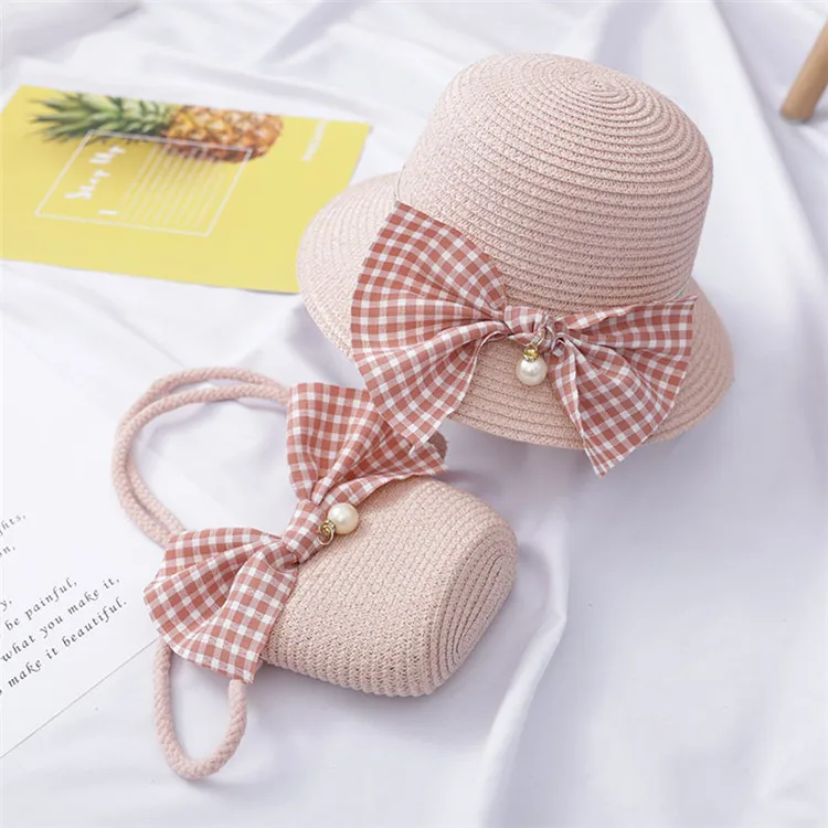 Kids Summer Pink Straw Hat Handbag Set Daisy Patch Lace Flower Band Girls Boater Straw Hats Children Beach Floppy Hat