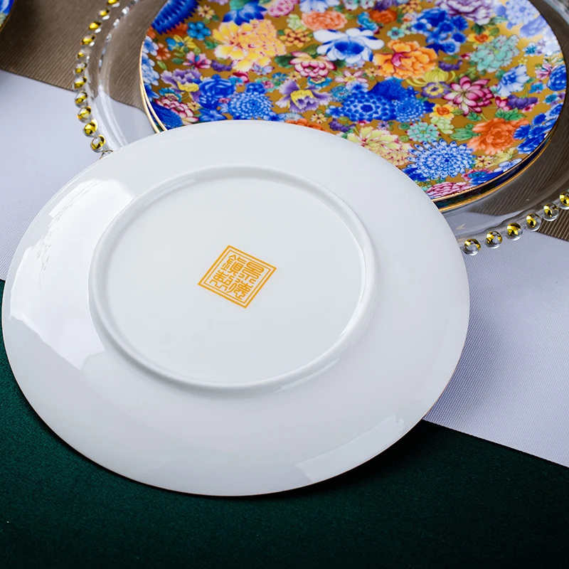 Doucai Wan Hua Series-8 Inches Full Flower Flat Plate Non-Circle High-End Tableware Non-Deep Dish Salad Steak Bowls for Export