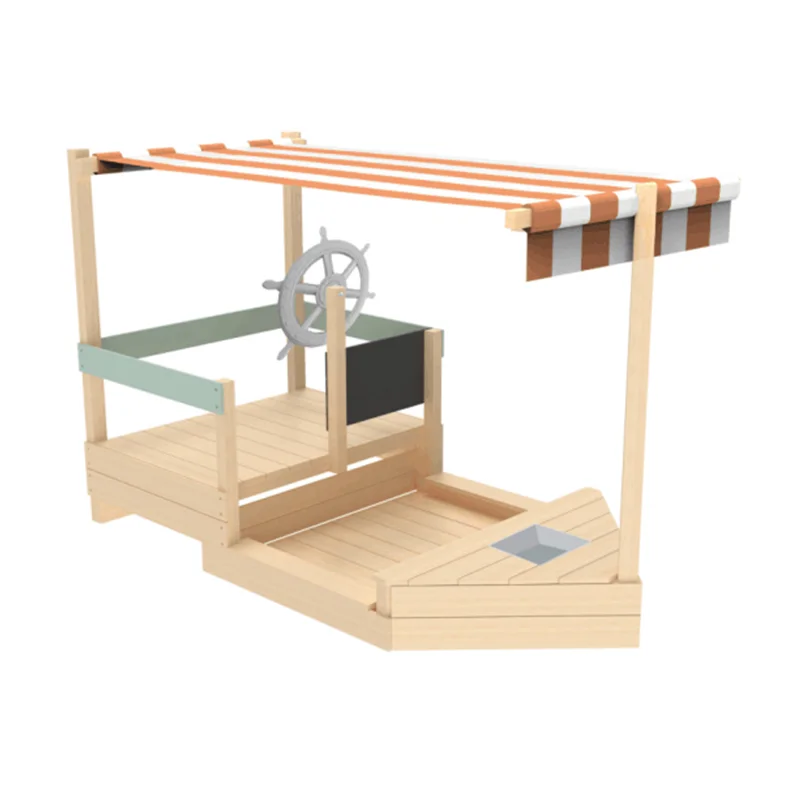 Outdoor Wooden Pirate Ship Sand Box with Cover Shade Sandpit Bench Seats Children Playground for Backyard