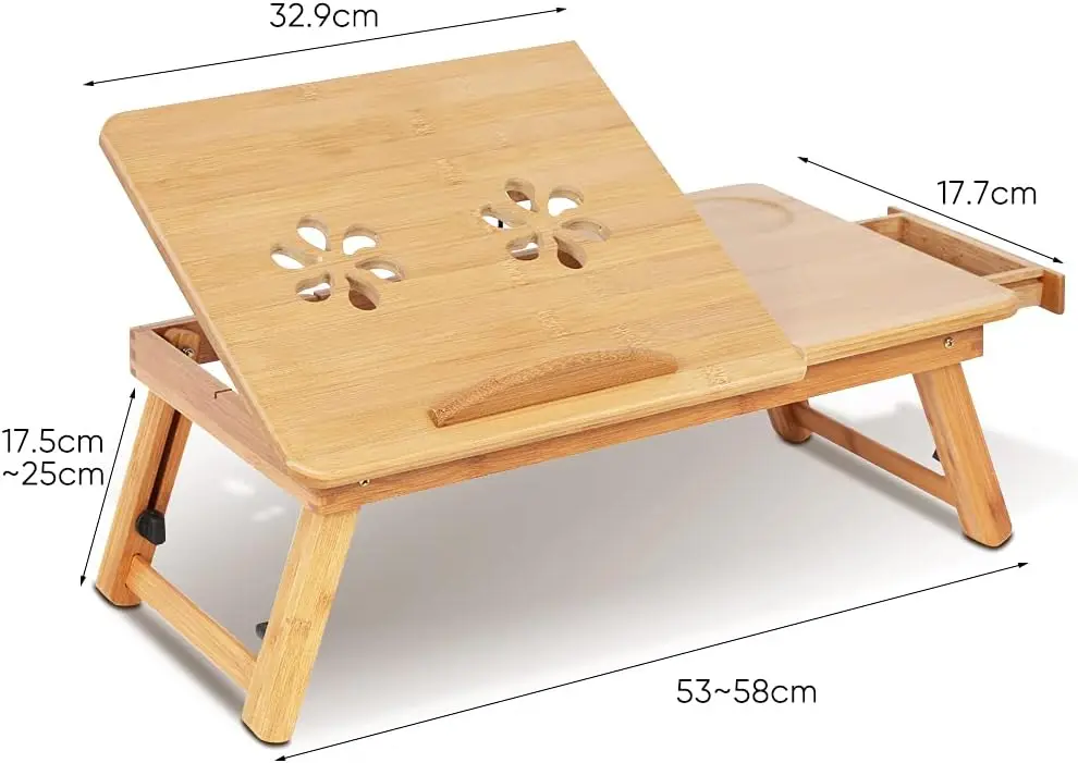 Durable Bamboo Desktop Tray, Adjustable Height and Tilting Bed Tray, foldable laptop for reading, lunch