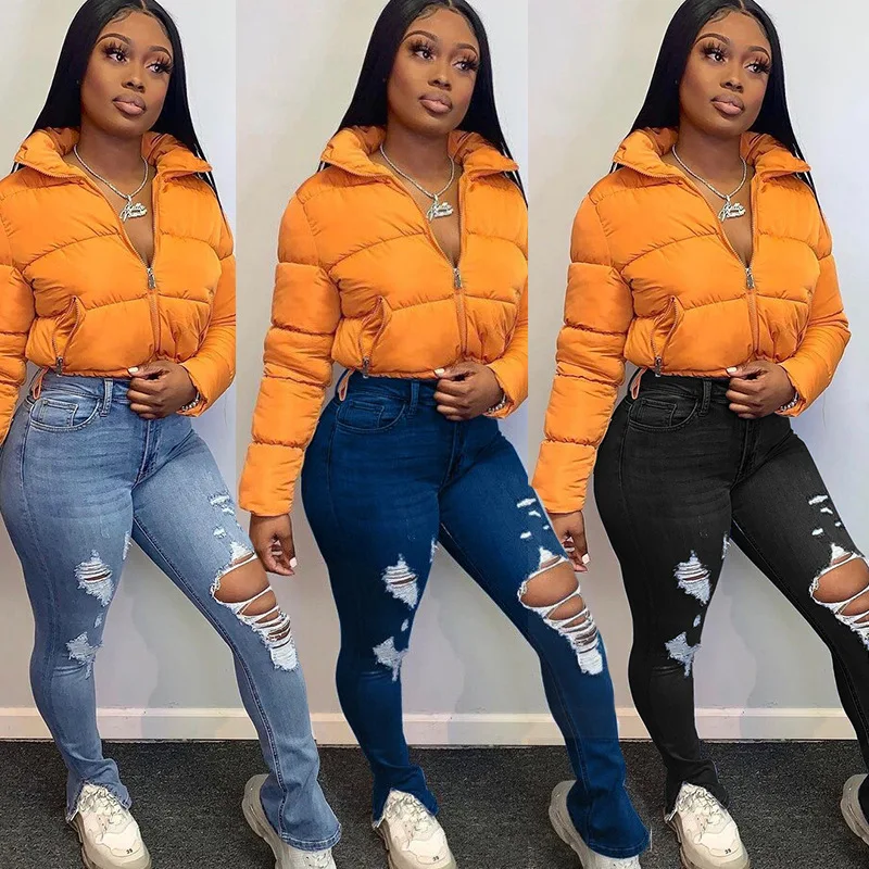 Autumn new arrival 3 color girl pencil jeans with ripped hole women split flared trousers women