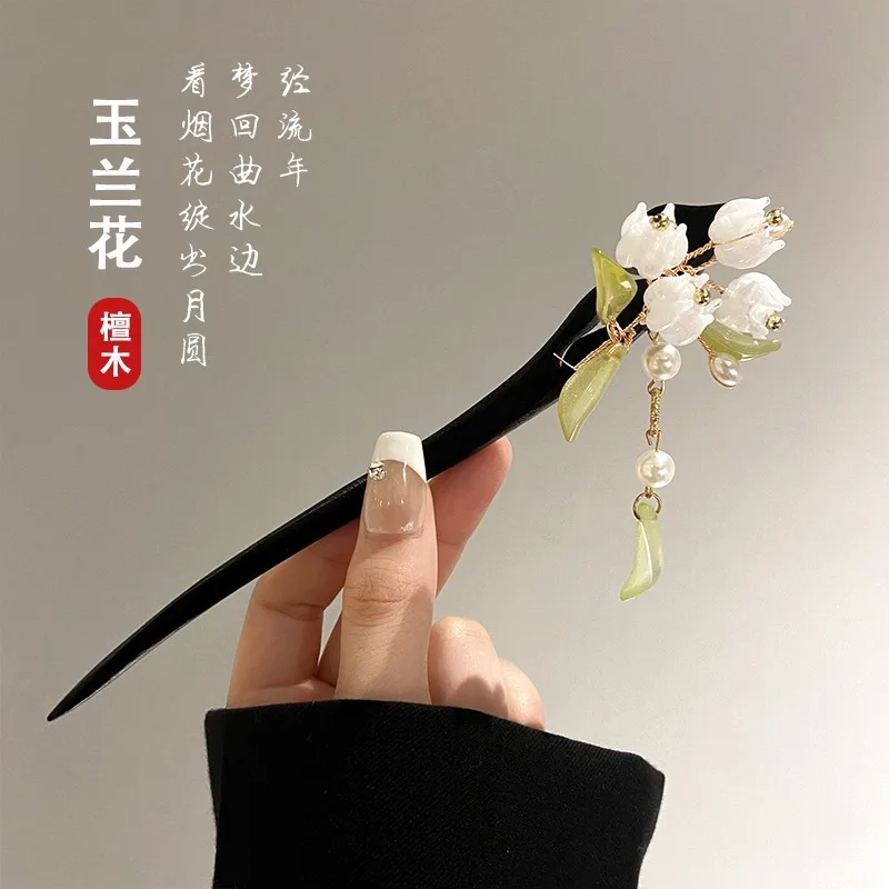 Women Osmanthus Flower Animal Moon Rabbit Hairpin Ancient Style Wood Tassel Hair Stick Pin Buyao Hair Accessories