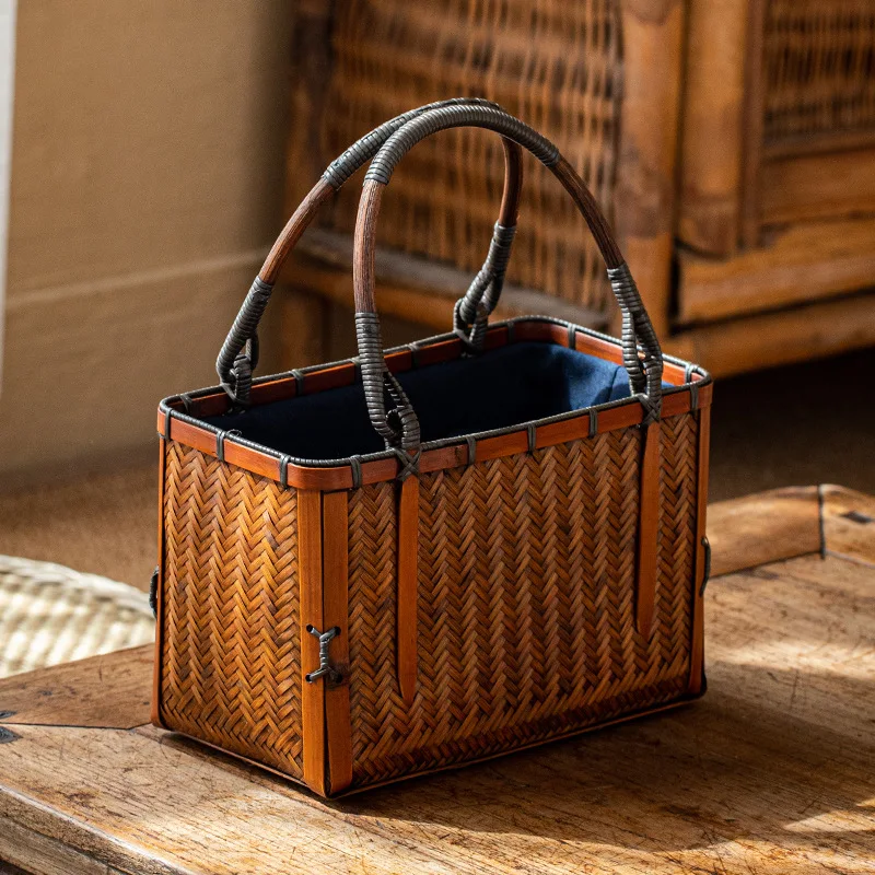 Bamboo Handbag Hand-held Portable Bamboo Woven Handbag Shopping Basket Bag For Goods Handmade Basket