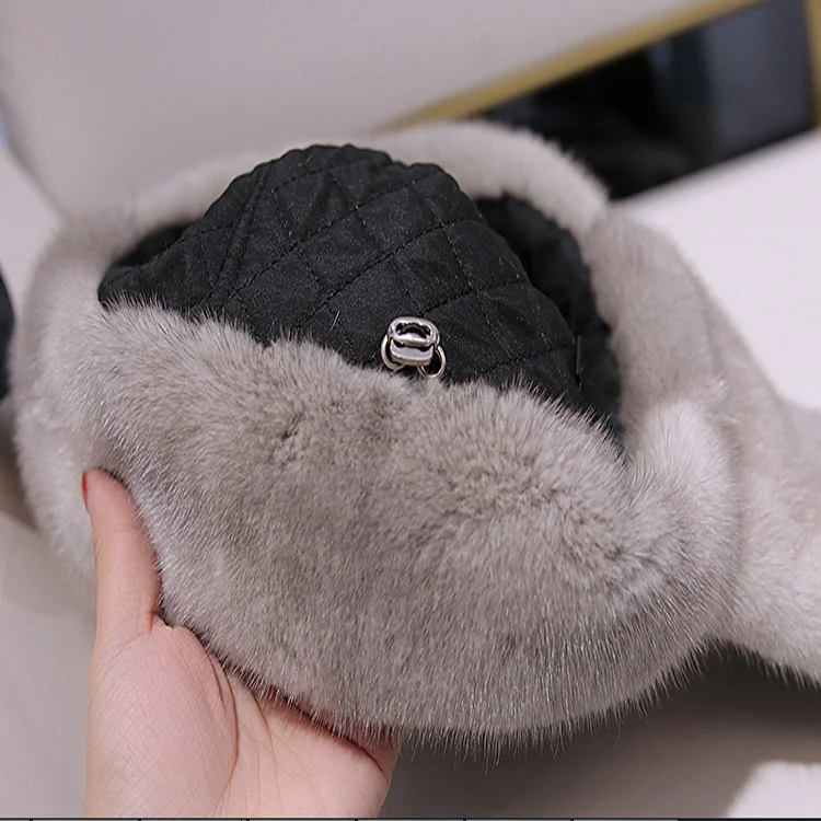 Winter Custom Leather Earflap Rabbit Fur Trim Ushanka Hats Men