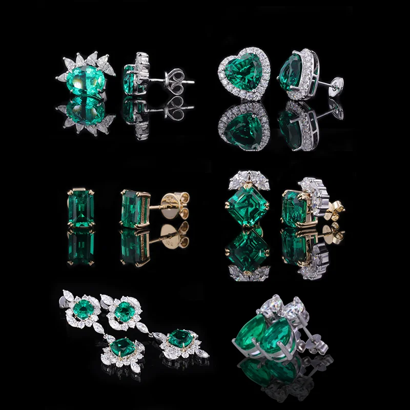 starsgem jewelry lab emerald earring white rose yellow 9k 10k 14k 18k gold studs hinged hoop french lever huggie earings women