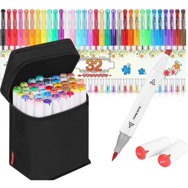 51 Colors Alcohol Brush Markers (Brush & Chisel) + 32 Colors Gel Pen Set Sketch Markers Pens for Kids