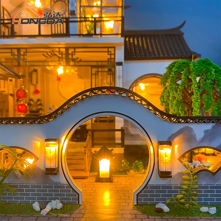 Hongda 2023 new chinese design Wooden doll house diy miniature dollhouse with light for girls