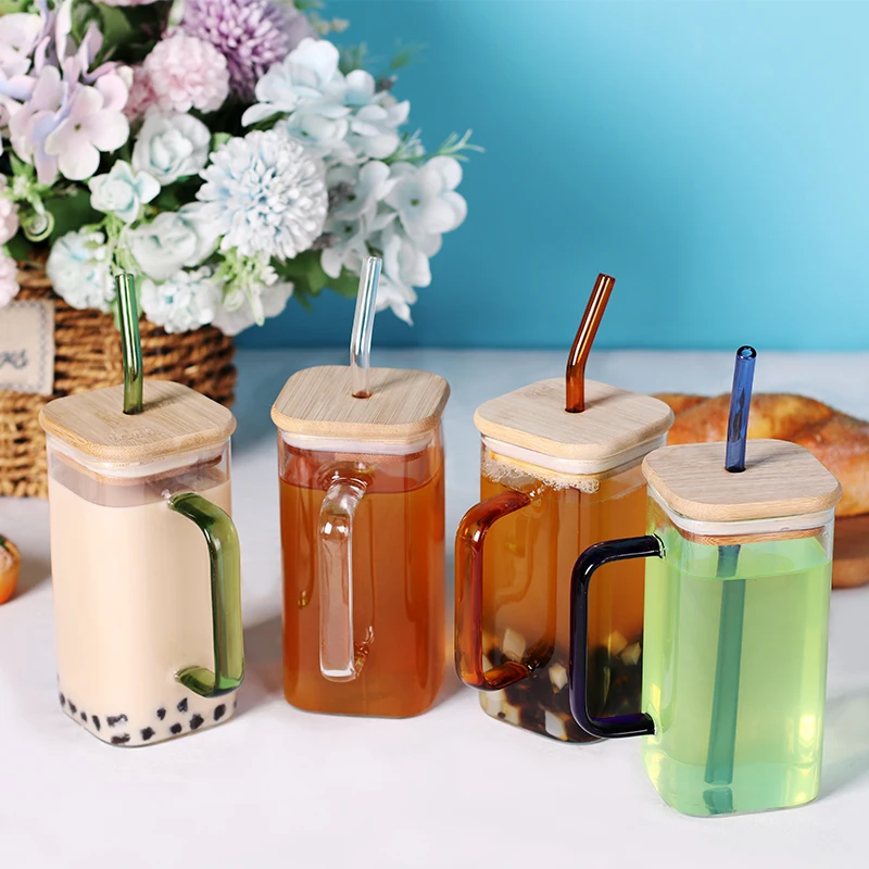 Square Glass Cup With Bamboo Lid And Reusable Glass Straw Iced Coffee Glasses Soda Can Cup