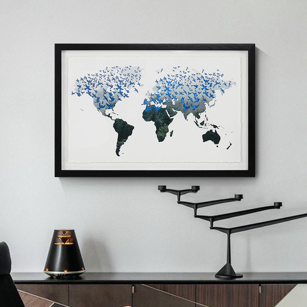 Framed painting wall decor with world map wall art